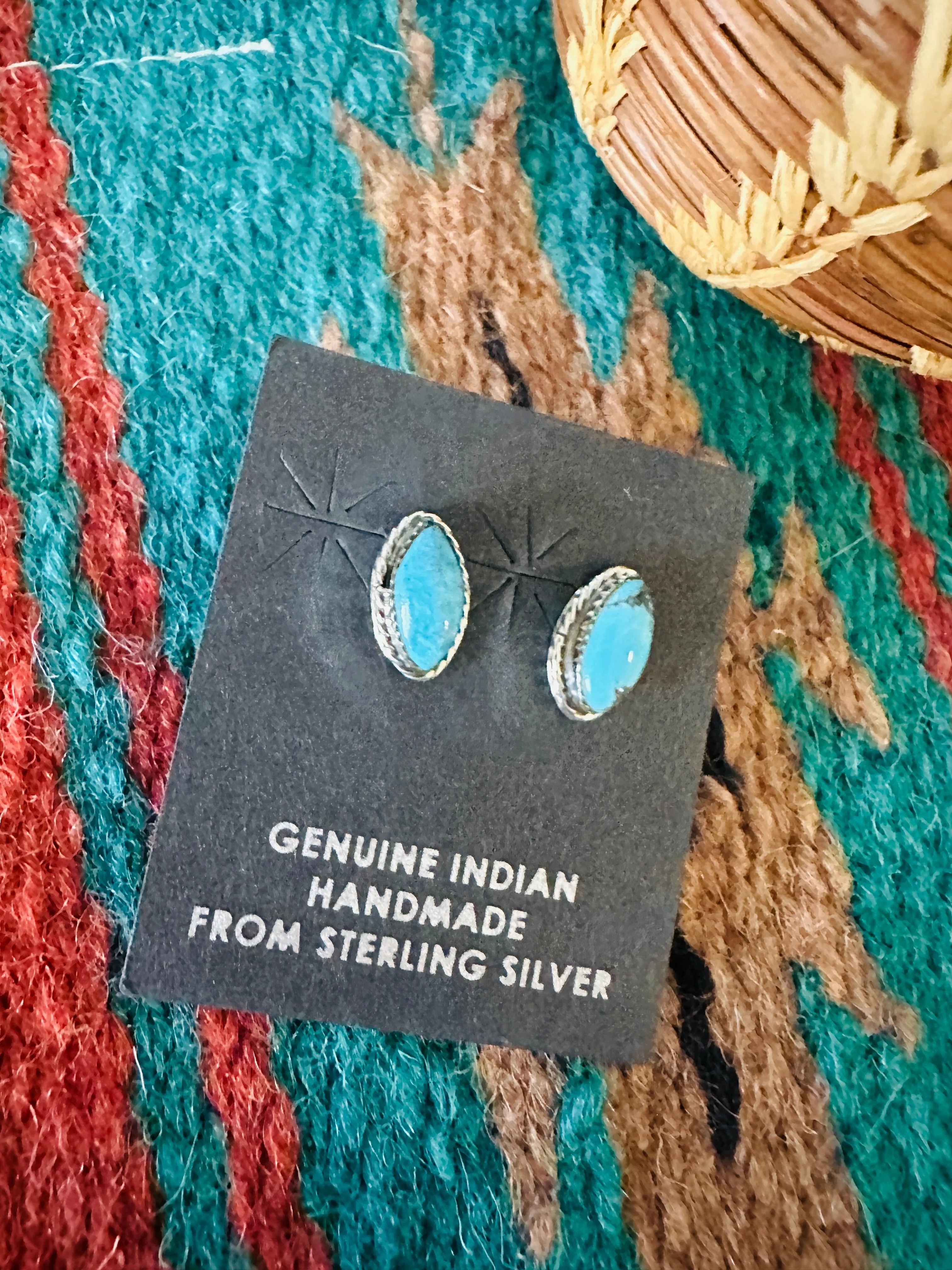 Navajo Turquoise and Sterling Silver Marquise  Stud Earrings