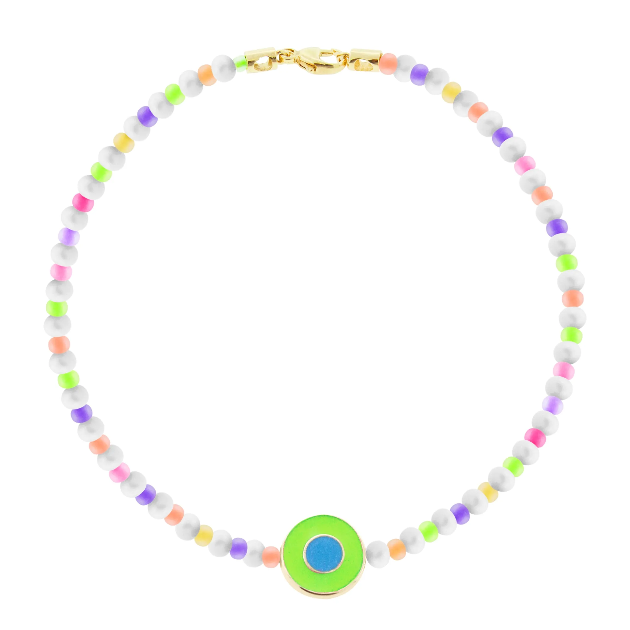 Neon Green Enameled Evil Eye Disk Beaded Pearl Bracelet with Clasp