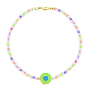 Neon Green Enameled Evil Eye Disk Beaded Pearl Bracelet with Clasp