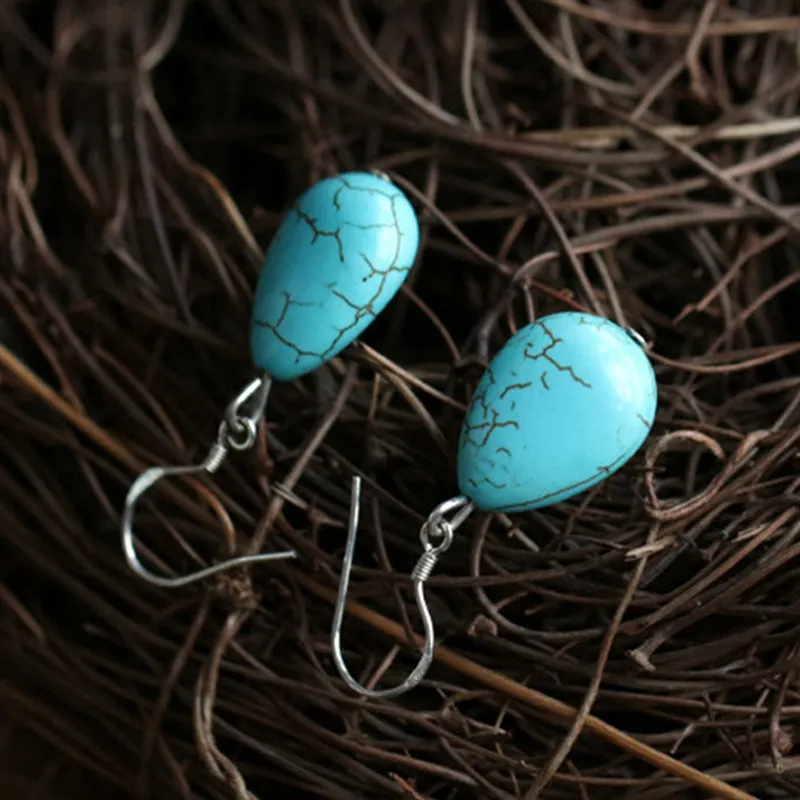 Original Handmade Turquoise Earrings National Style Silver Hook Earrings Fashion Personality Earrings Retro Palace Water Drop Earrings