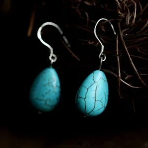 Original Handmade Turquoise Earrings National Style Silver Hook Earrings Fashion Personality Earrings Retro Palace Water Drop Earrings