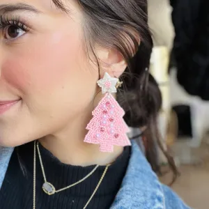 Pink Christmas Beaded Christmas Tree Earrings