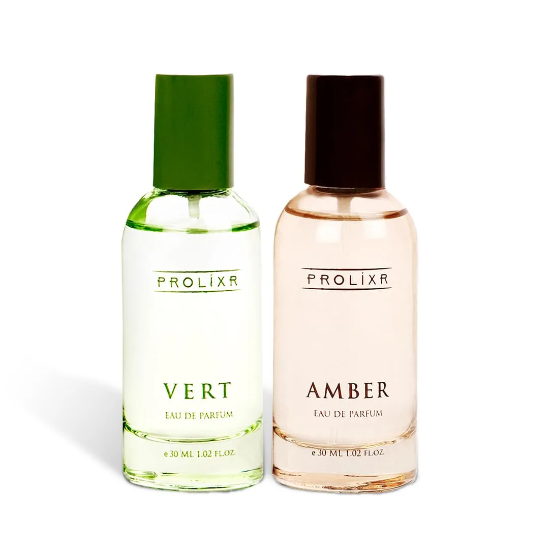 Prolixr Amber & Vert Eau De Parfum Combo | Premium Unisex Long Lasting Luxury Perfumes | Versatile Scents for All Occasions | Notes of White Oak, Sandalwood, Lotus, Waterlily & Mahogany | Men & Women