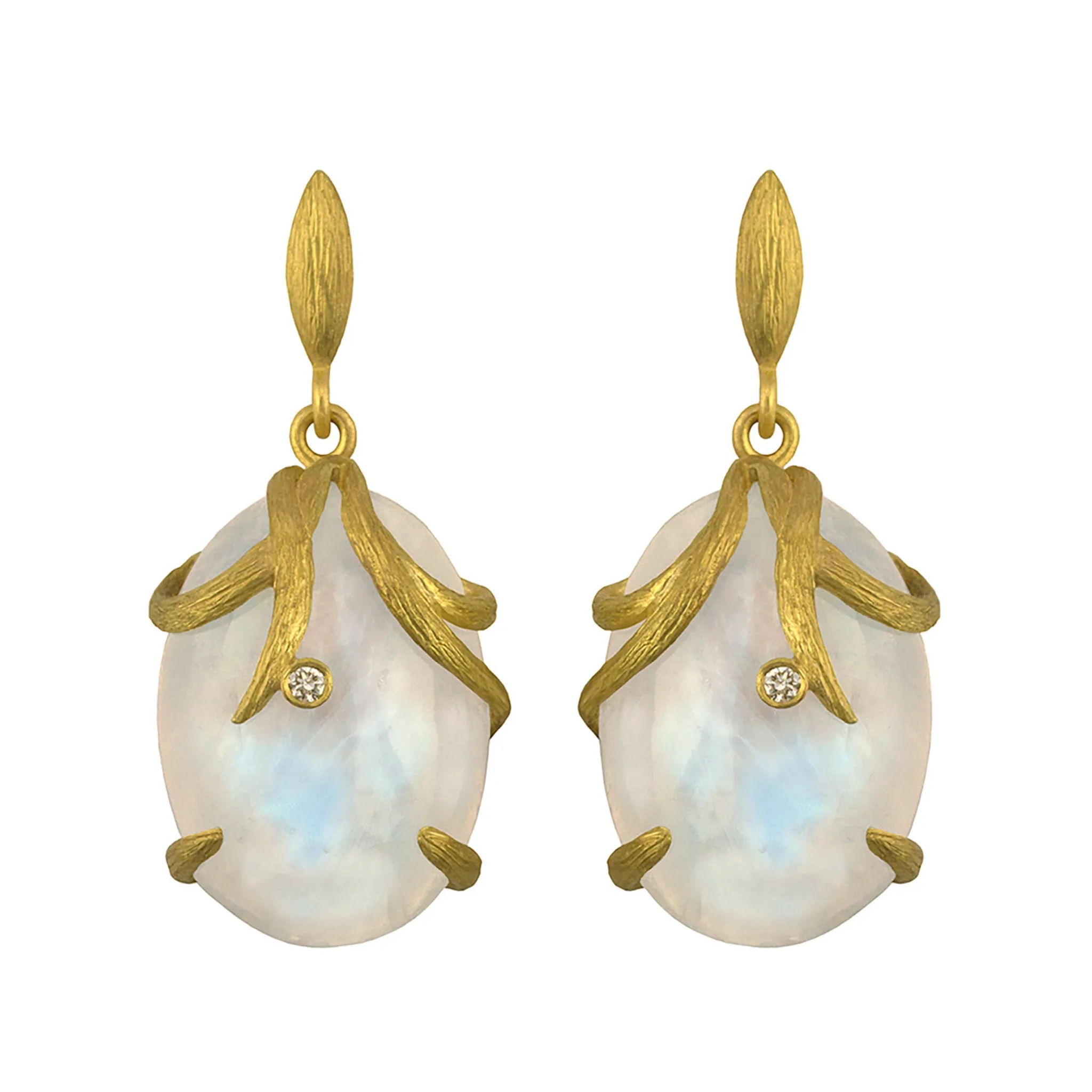 Rainbow Moonstone Vine Wrapped Oval Earrings by Laurie Kaiser