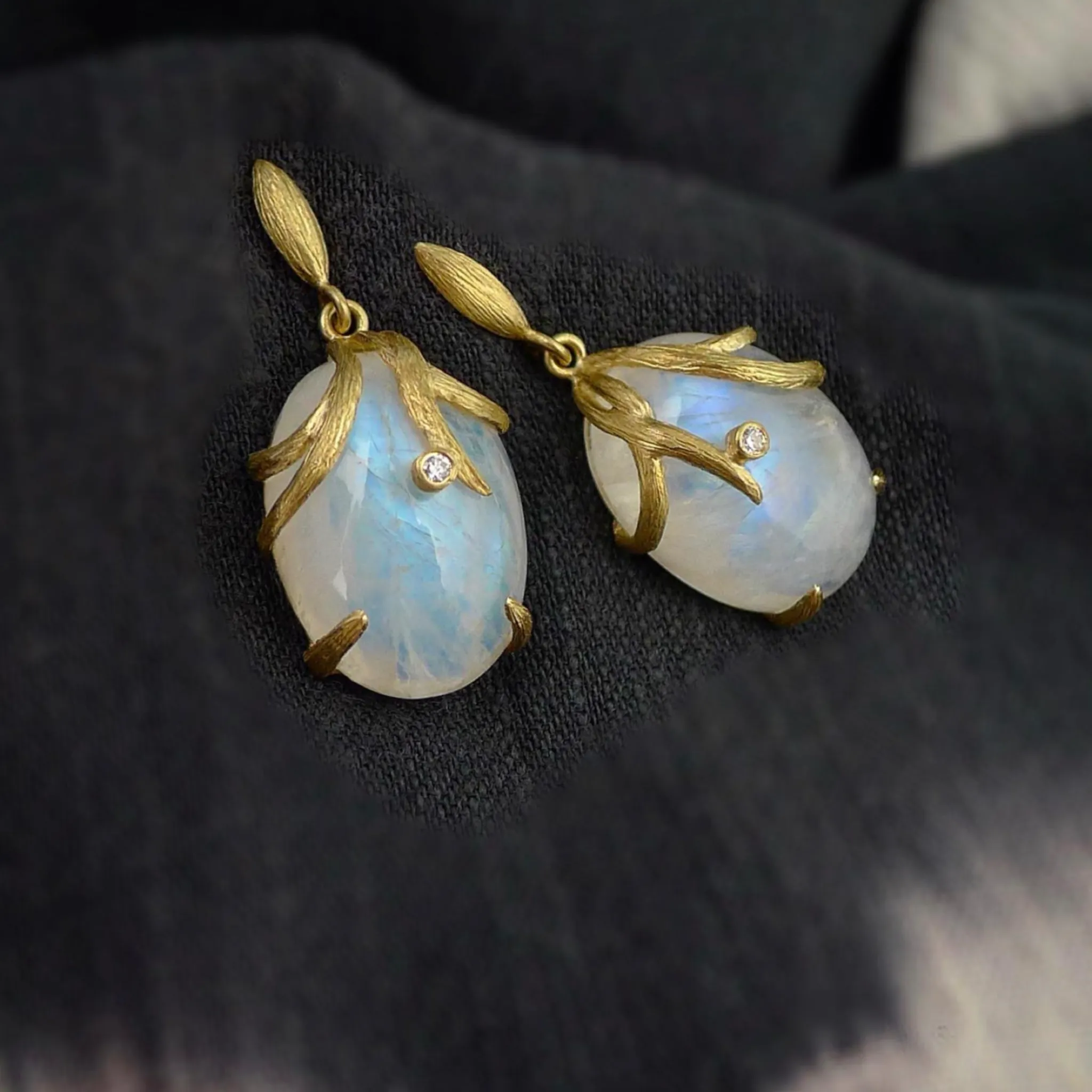 Rainbow Moonstone Vine Wrapped Oval Earrings by Laurie Kaiser