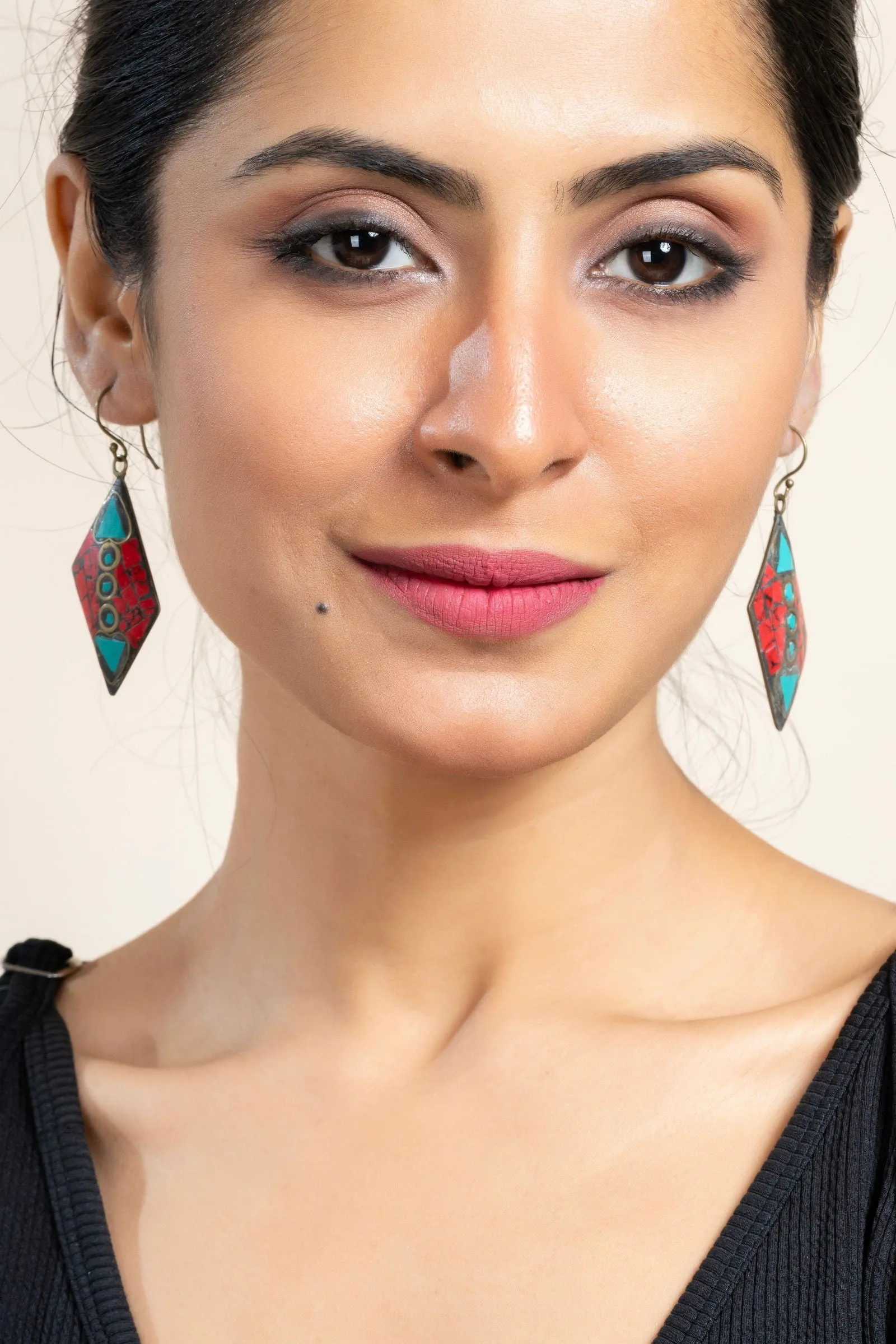 Red Turquoise Blue Tibetan Earrings - Elegant Design, Non-Allergic, Perfect for All Occasions