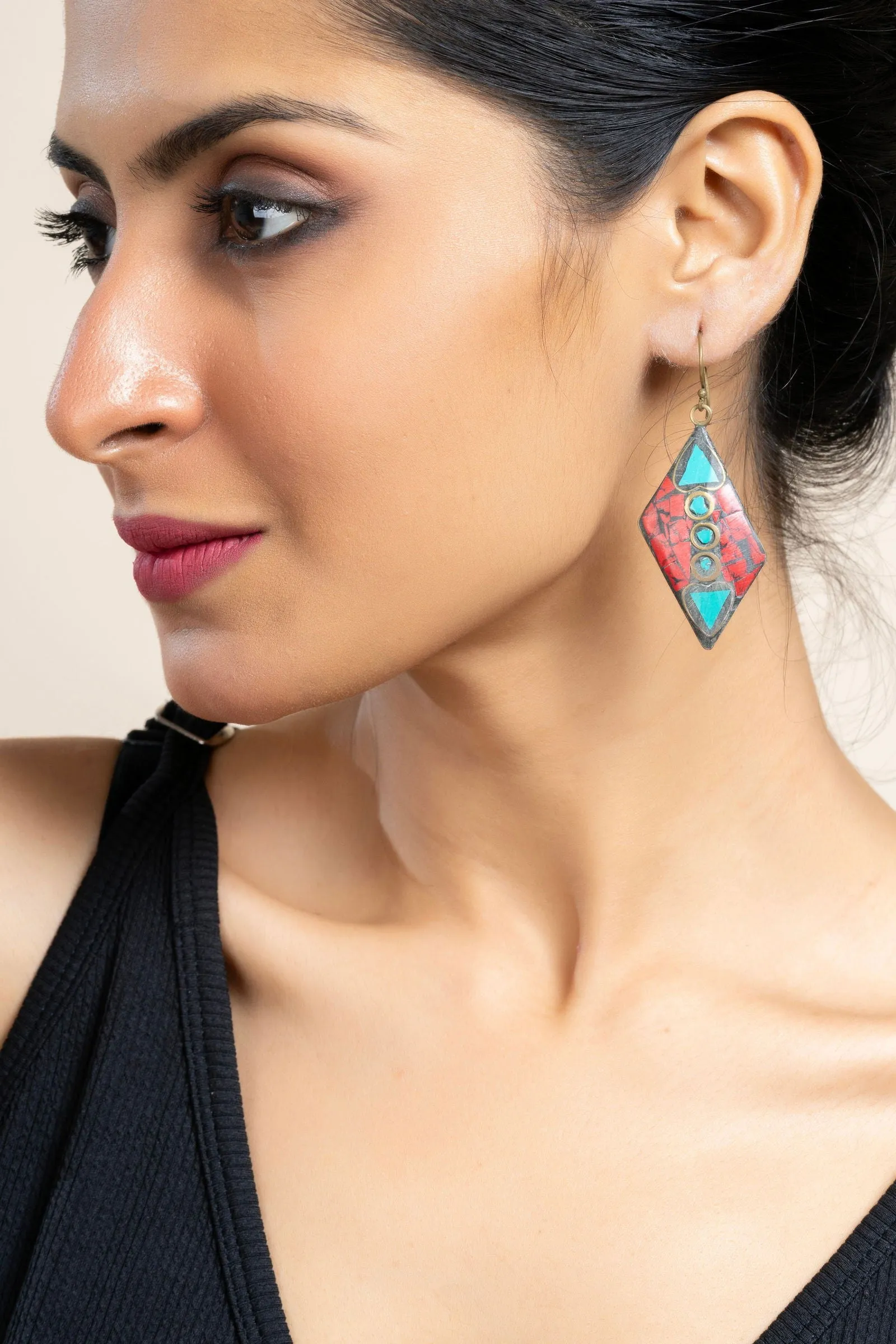 Red Turquoise Blue Tibetan Earrings - Elegant Design, Non-Allergic, Perfect for All Occasions