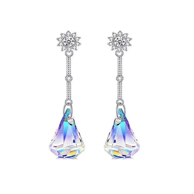 Savlano 14k White Gold Plated Aurora Borealis Austrian Rainbow Multicolor Crystal Tear Drop Cut Stud Dangle Earrings For Women, Girls & Men