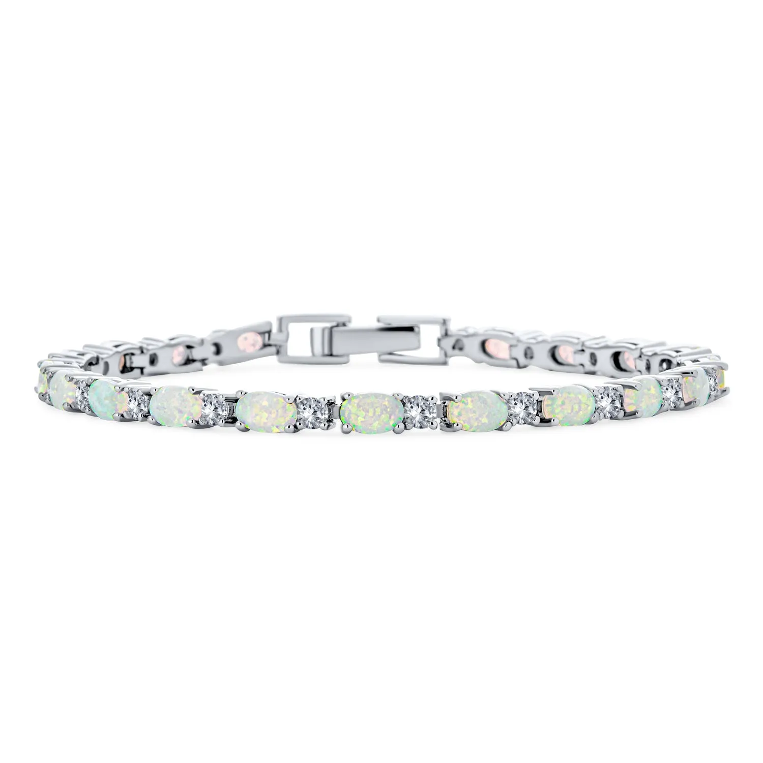 Silver Synthetic Opal Oval Tennis Bracelet 7.5 Inch Jewelry Piece