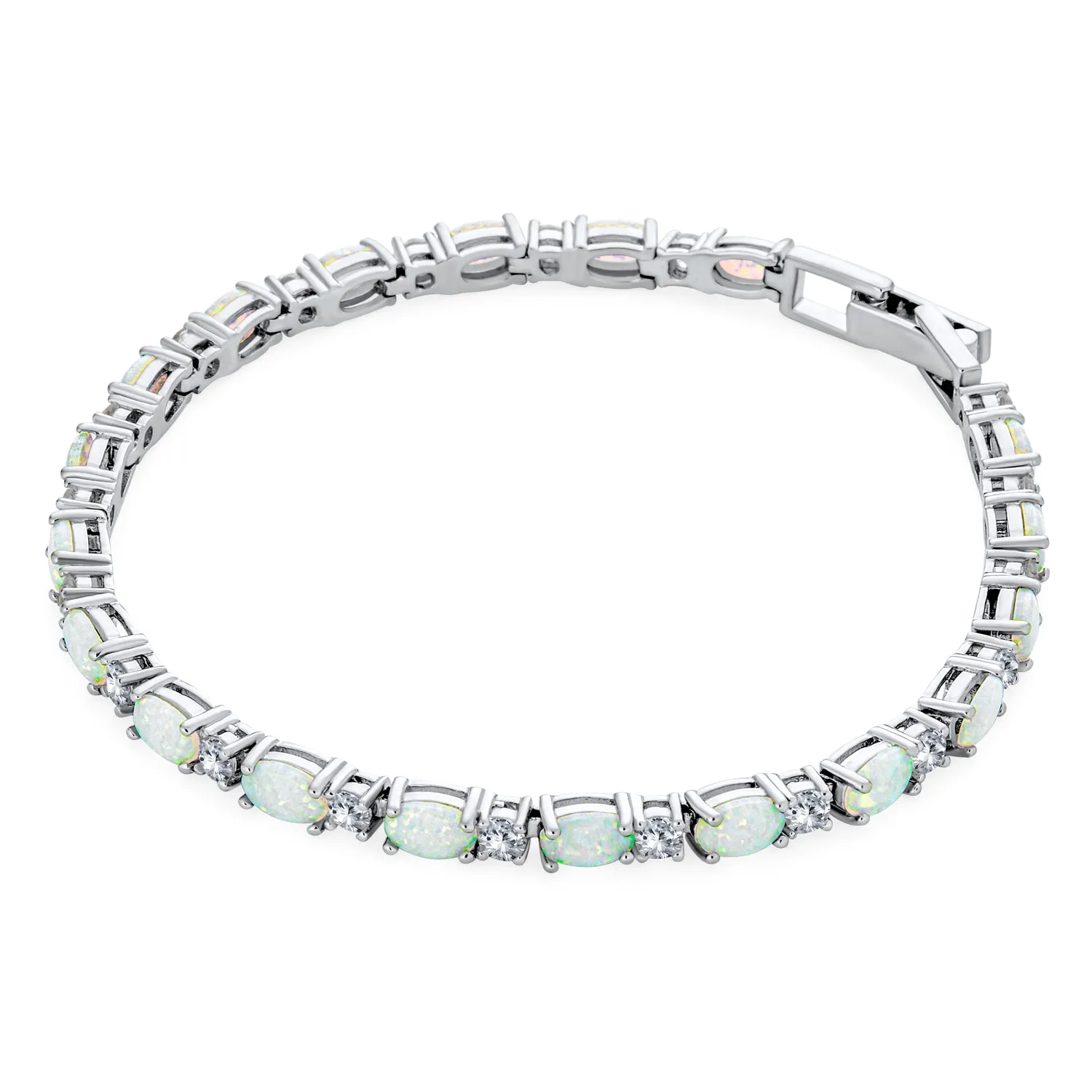 Silver Synthetic Opal Oval Tennis Bracelet 7.5 Inch Jewelry Piece