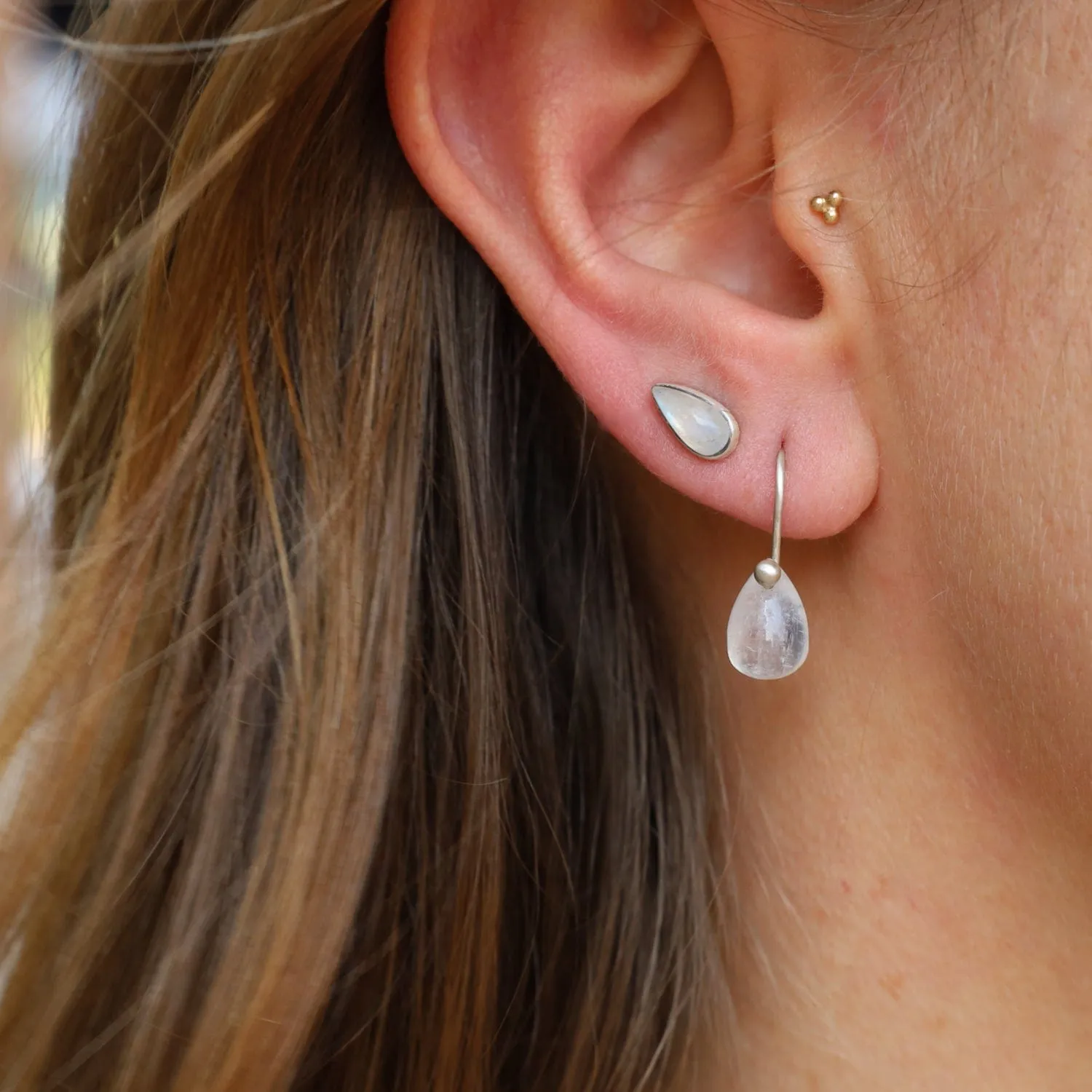 Simple Rainbow Moonstone Tear Drop Dangle Earring