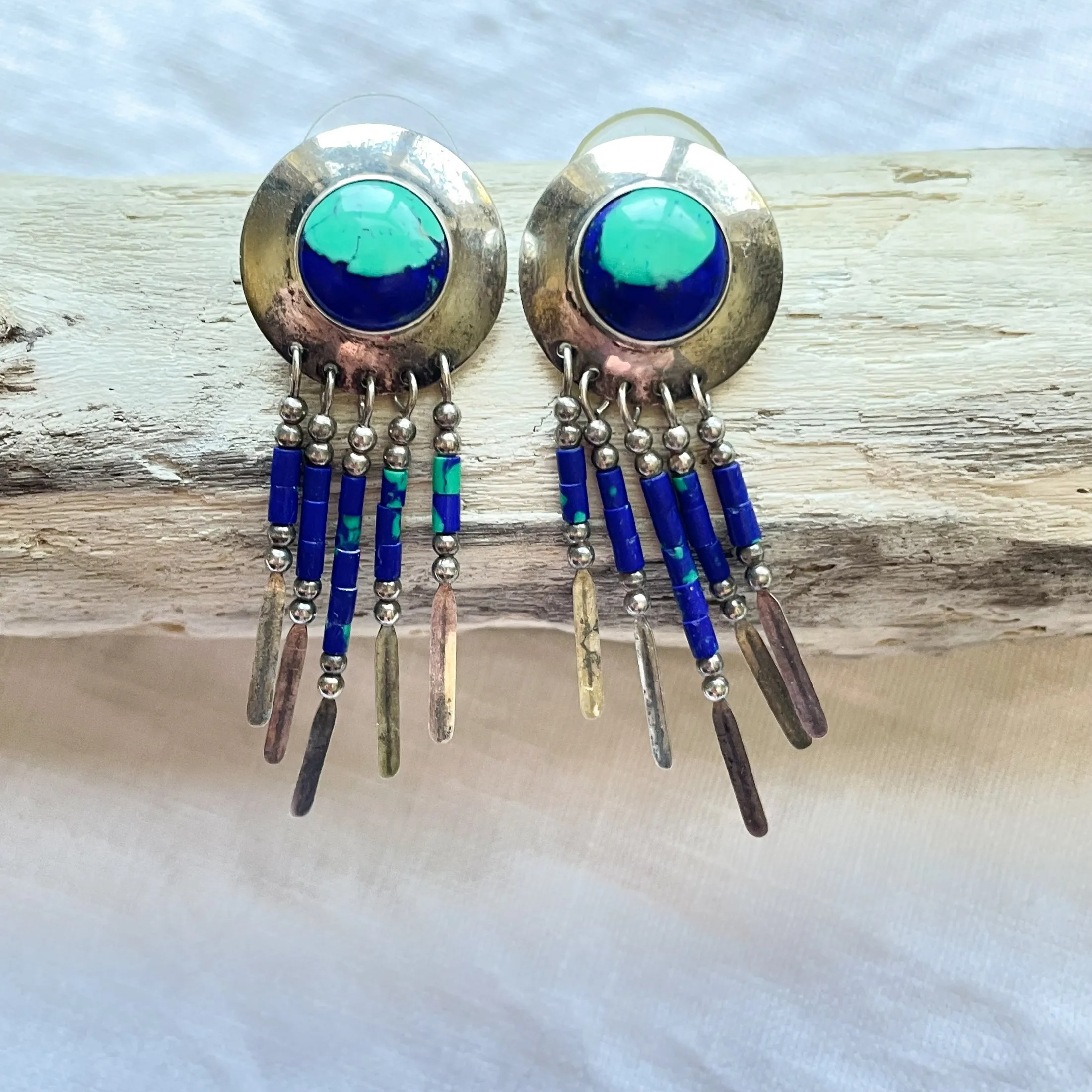 SOLD Vintage Native American Pierced Earrings, Sterling Azurite/Malachite