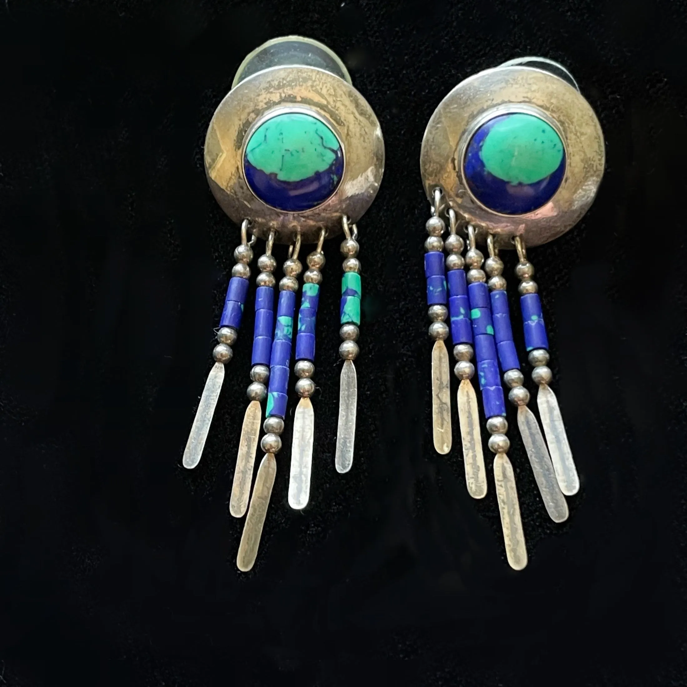 SOLD Vintage Native American Pierced Earrings, Sterling Azurite/Malachite