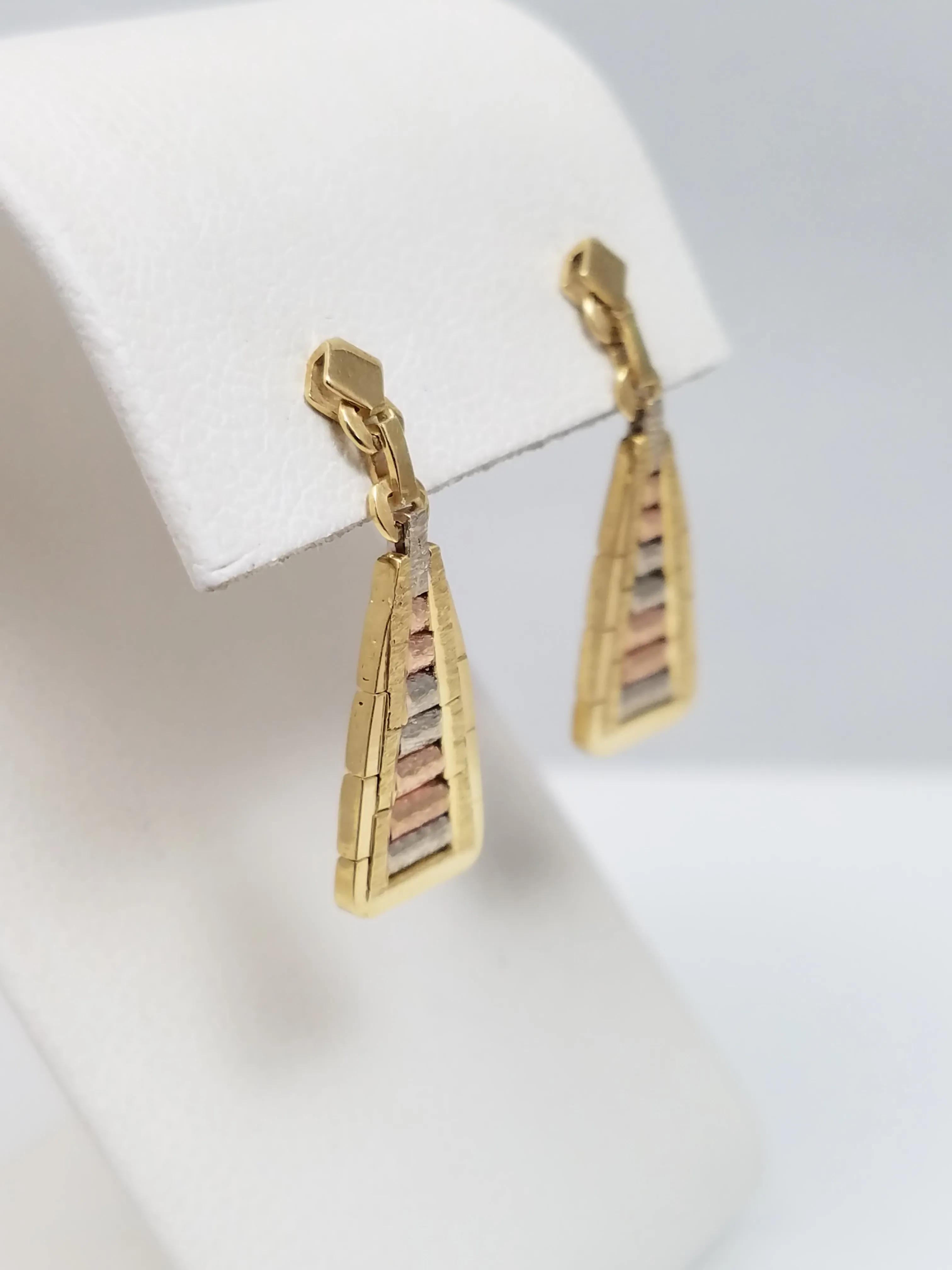 Sparkly 14k Solid Tri Color Gold Riccio Style Dangle Earrings