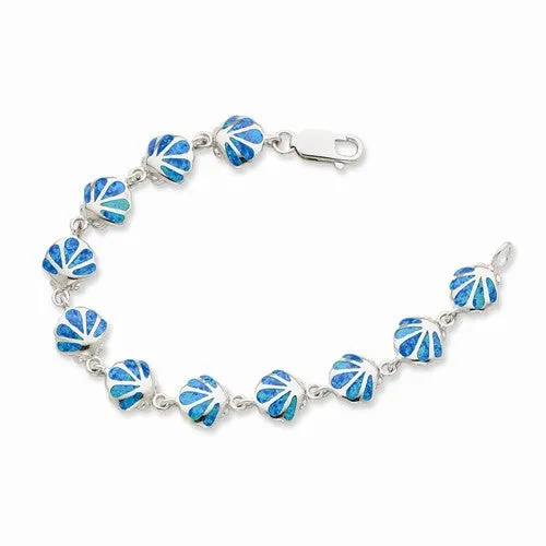 Sterling Silver Created Blue Opal Inlay Shell Bracelet