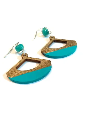 Teal Beaded Fan Shaped Wooden Earrings