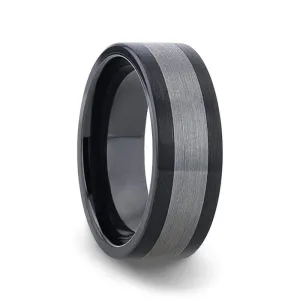 Thorsten ENDAST Ceramic Inlay Black Tungsten Wedding Band With Flat Brushed Edges - 8mm