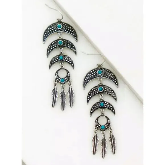 Triple Crescent Feather Turquoise Stone Earrings