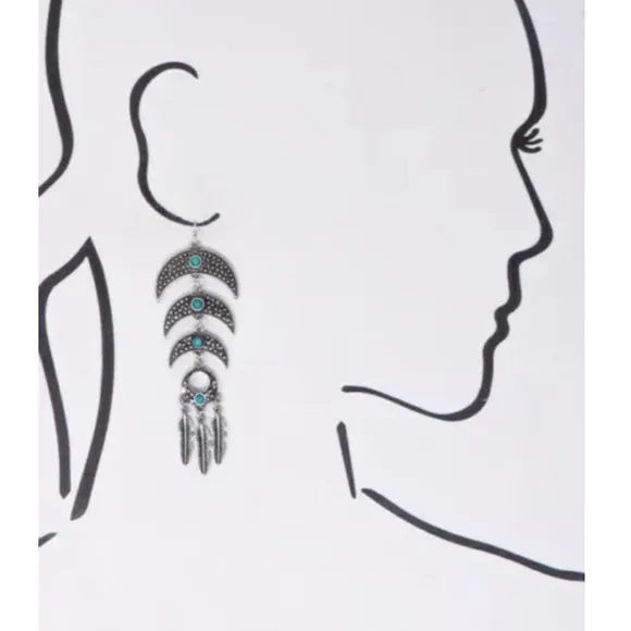 Triple Crescent Feather Turquoise Stone Earrings