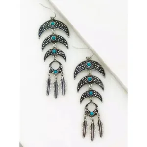 Triple Crescent Feather Turquoise Stone Earrings