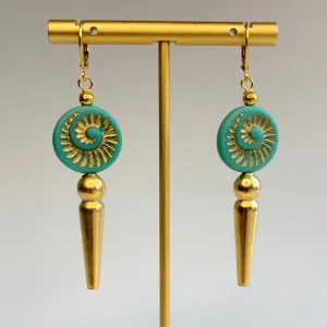 Turquoise and Gold Czech Glass Ammonite Earrings