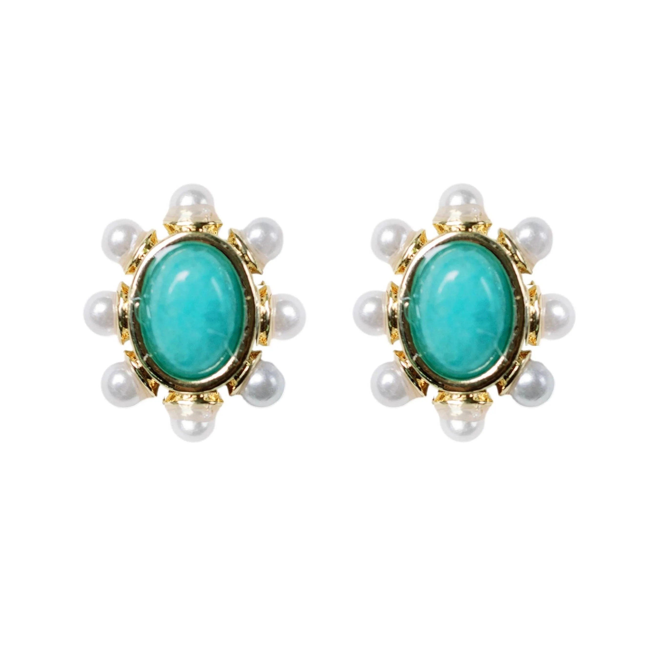 Turquoise and Pearl Oval Stud Earrings