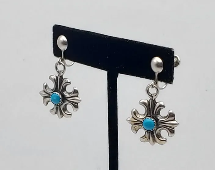 Vintage Sterling Silver Turquoise Cross Earrings