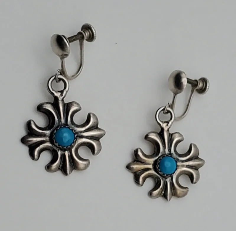 Vintage Sterling Silver Turquoise Cross Earrings