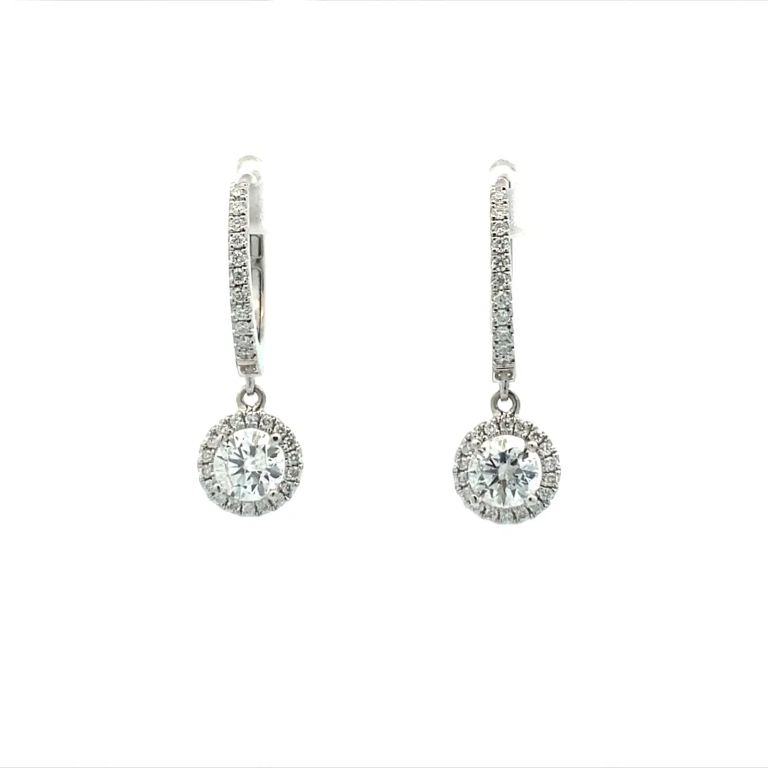 White Gold Diamond Halo Drop Earrings