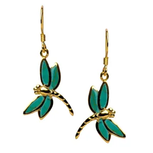 Yellow Gold Green Turquoise Dragonfly Earrings