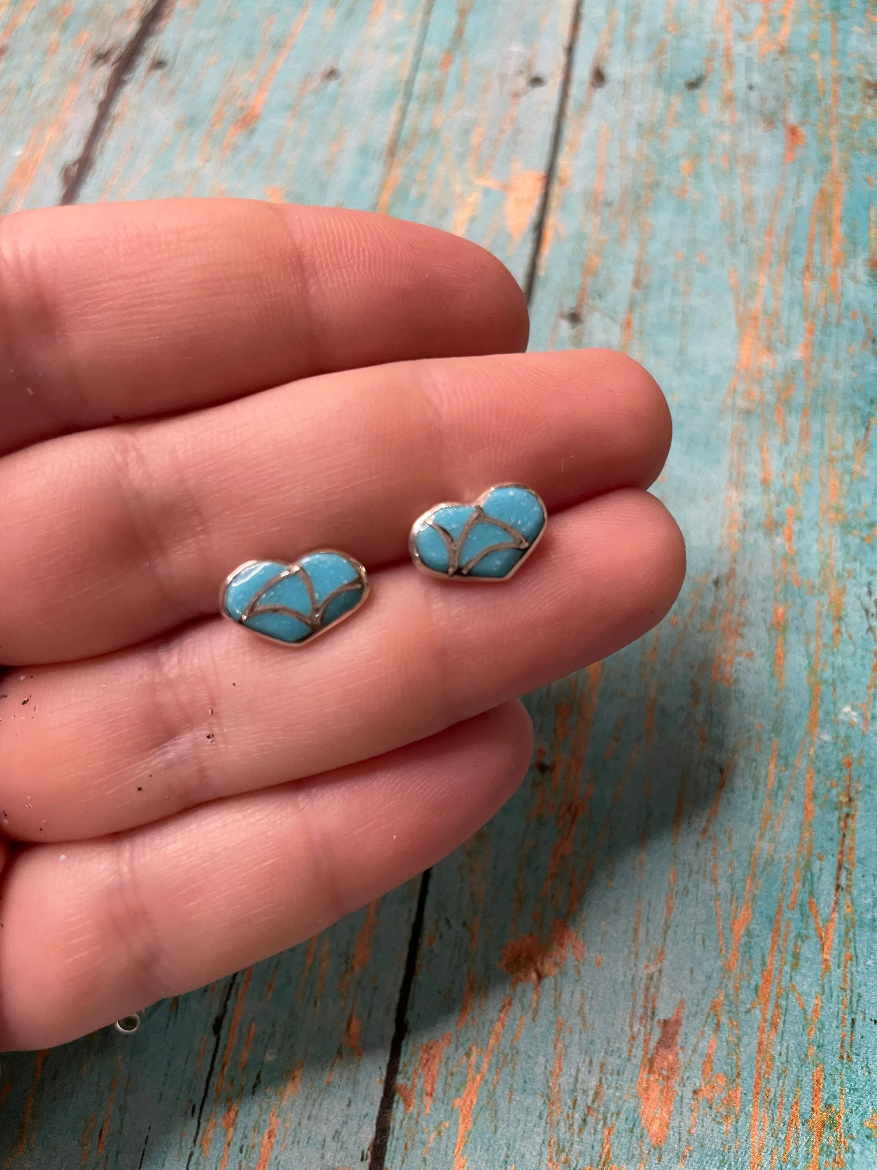 Zuni Sterling Silver & Turquoise Inlay Stud Heart Earrings